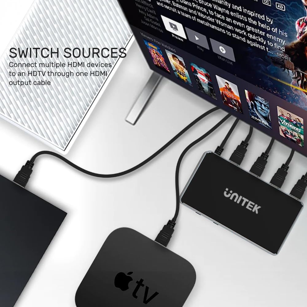 Unitek Splitter HDMI Switch 1.4b 5 IN-1 Out 4K - Con telecomando per 5 sorgenti HDMI - Lettore HD Recorder PC console di gioco - Compatibile con Dolby TrueHD DTS-HD e audio surround 7.1