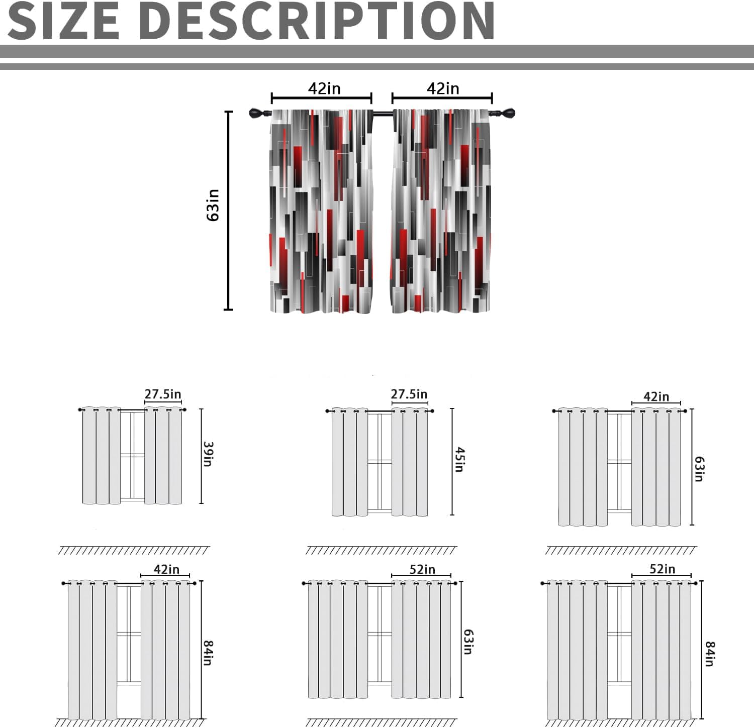 Red and Black Curtains Burgundy Grey White Ombre Abstract Modern Geometric Geometry Mens Cool 42W x 63L Inches Rod Pocket for Bedroom Living Dining Room Window Drapes Treatment Fabric 2 Panels