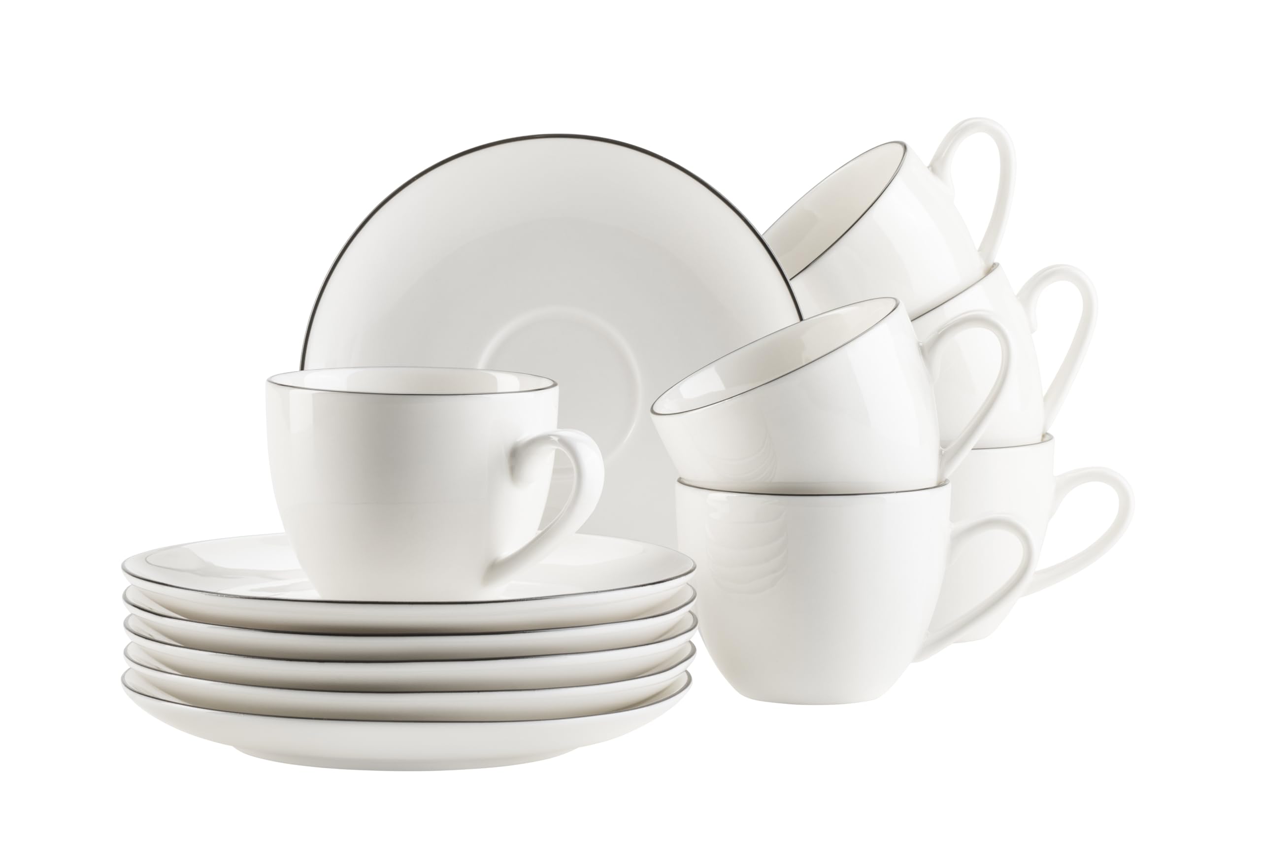 Mäser Serie Felise, Espressotassen Set 12-teilig aus Porzellan – 6 Tassen & 6 Untertassen – Weiß mit schwarzem Rand