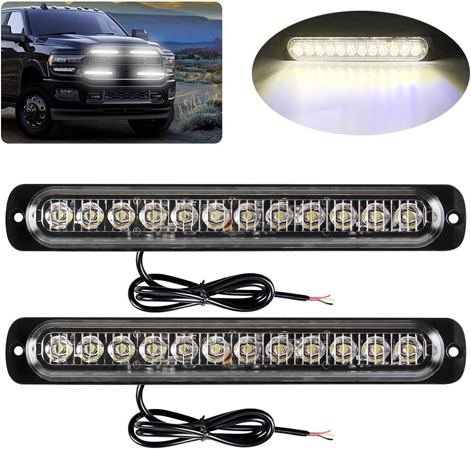 Yifengshun 2pcs 12-LED White Emergency Strobe Light Bar,Surface Mount Warning Hazard Flashing Strobe Lights for Construction Vehicle Car Truck Trailer Caravan 12-24V