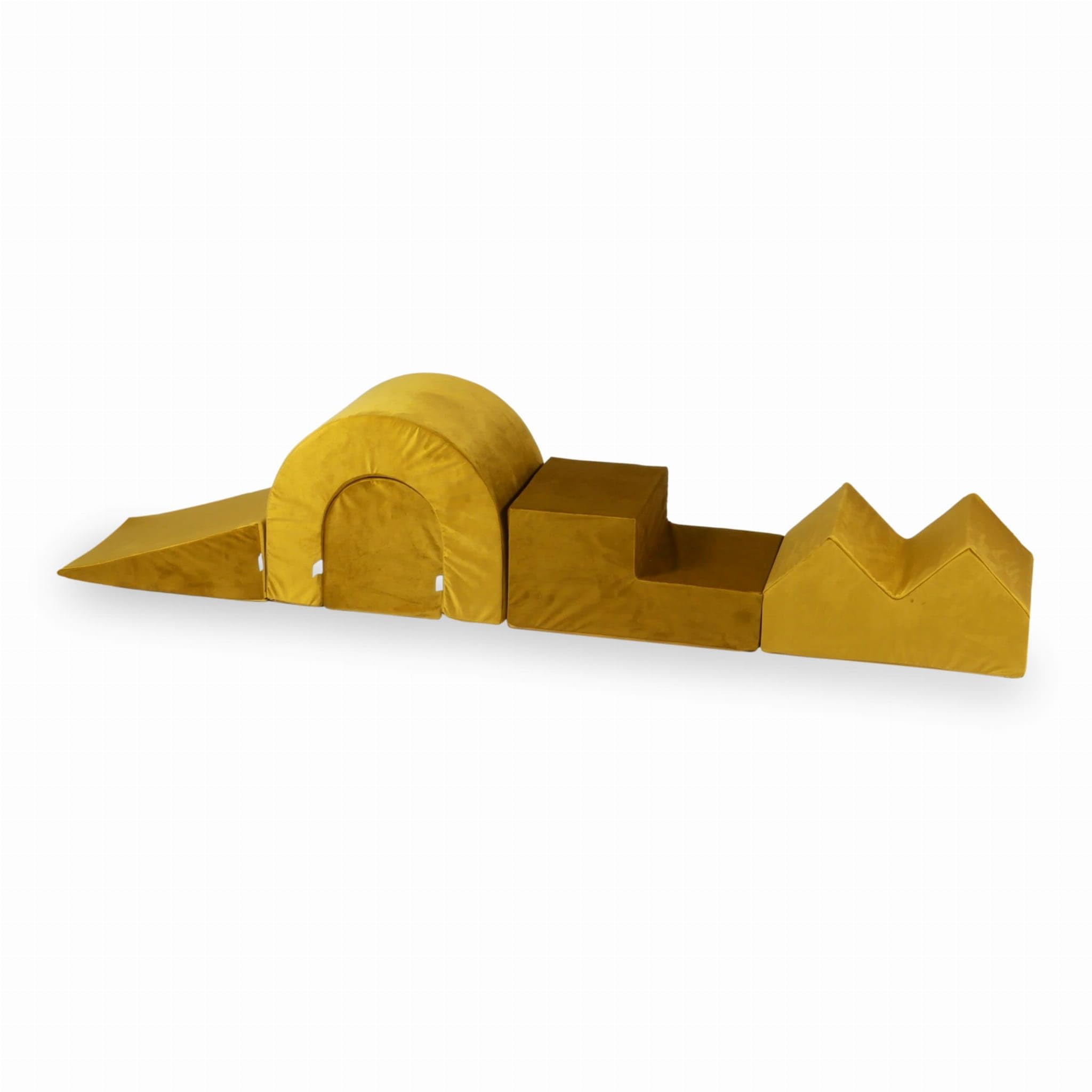 Mimii Parco giochi in schiuma Velvet Gold, 5 elementi, grandi mattoncini da costruzione per gattonare e arrampicare, morbidi mattoncini da gioco per neonati e bambini, giocattolo motorico per la casa