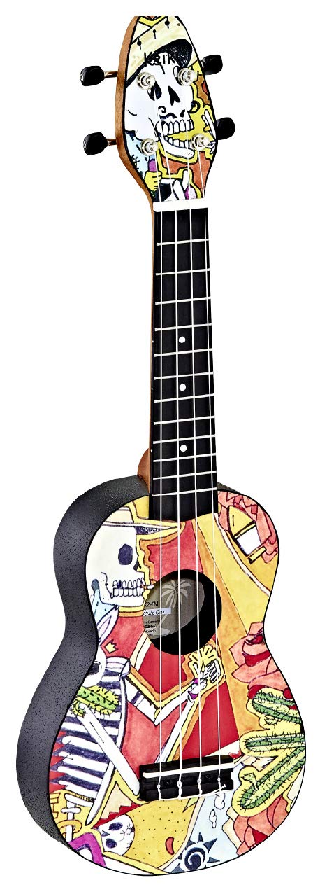 Ortega Guitars Ukelele Soprano - Keiki K2 con diseño de Esqueleto - incluye afinador, 5 puas de grosor medio y funda estilo bolsa con cuerdas con logo Keiki - madera de Kauri, K2-EM