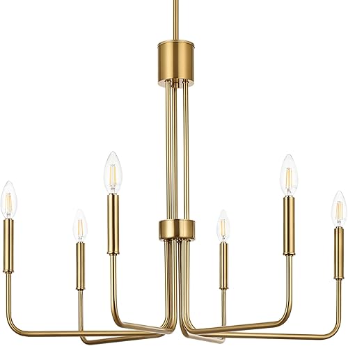 Miniatura 9 de Niloah Candelabro moderno dorado para comedor, 6 lámparas de araña de oro cepillado, lámparas de comedor sobre mesa de 28 pulgadas, altura ajustable