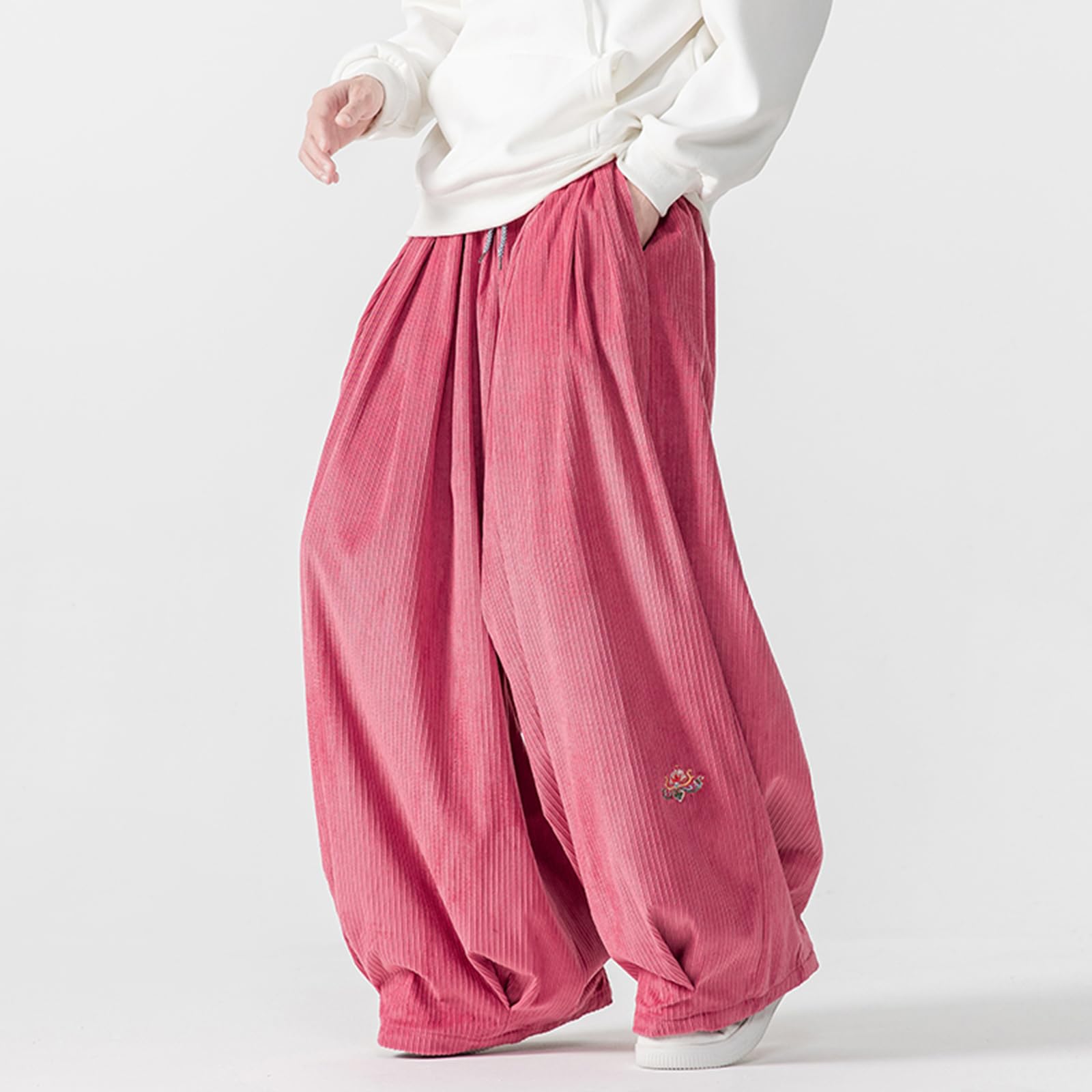 GURUNVANI Pantaloni larghi da uomo in velluto a coste, gamba larga, con coulisse, streetwear