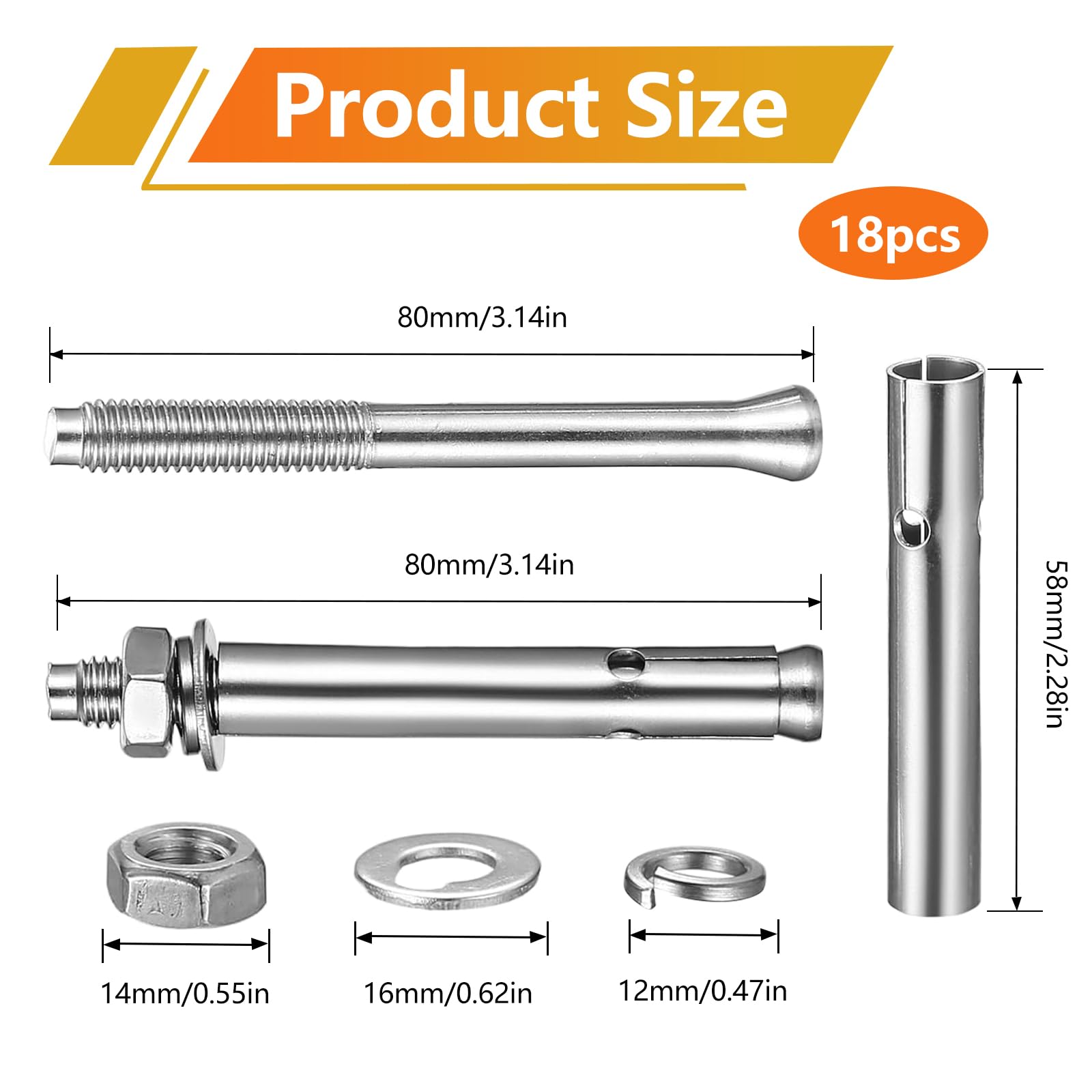 18Pcs Anchor Bolts, Expansion Bolts M8x80mm Concrete Screws Wall Anchors for Brick Concrete Masonry Fixings - Image 2
