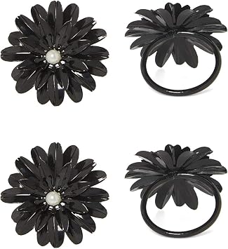 Vibhsa Handcrafted Flower Napkin Rings Set of 4, Black