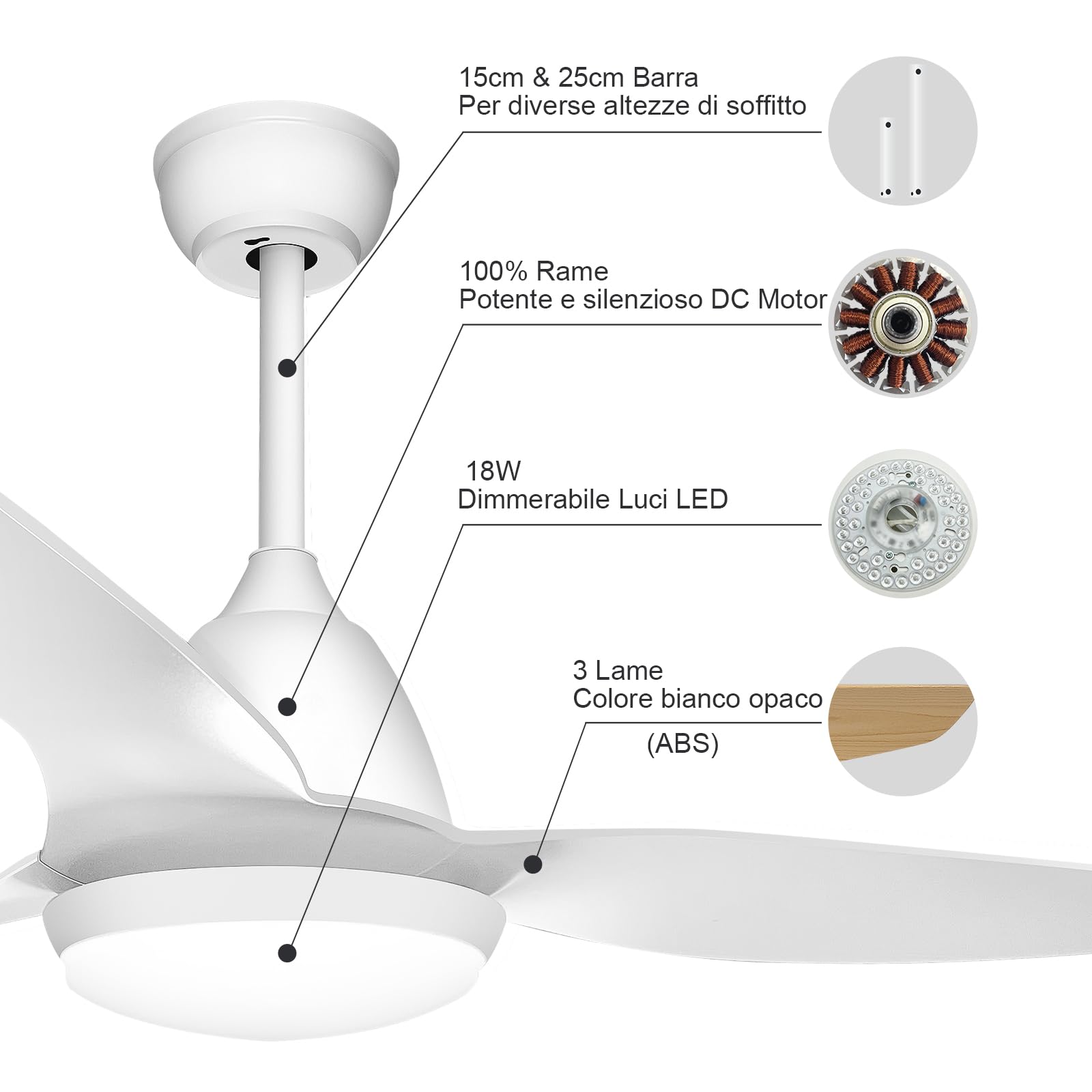 snsok Ventilatore da Soffitto con Luce LED 52" 3 Pale, 6 Velocità + 3 Temperature Luce, Motore DC Super Silenzioso, Timer con Telecomando, Funzione Inverso Estate/Inverno (white)