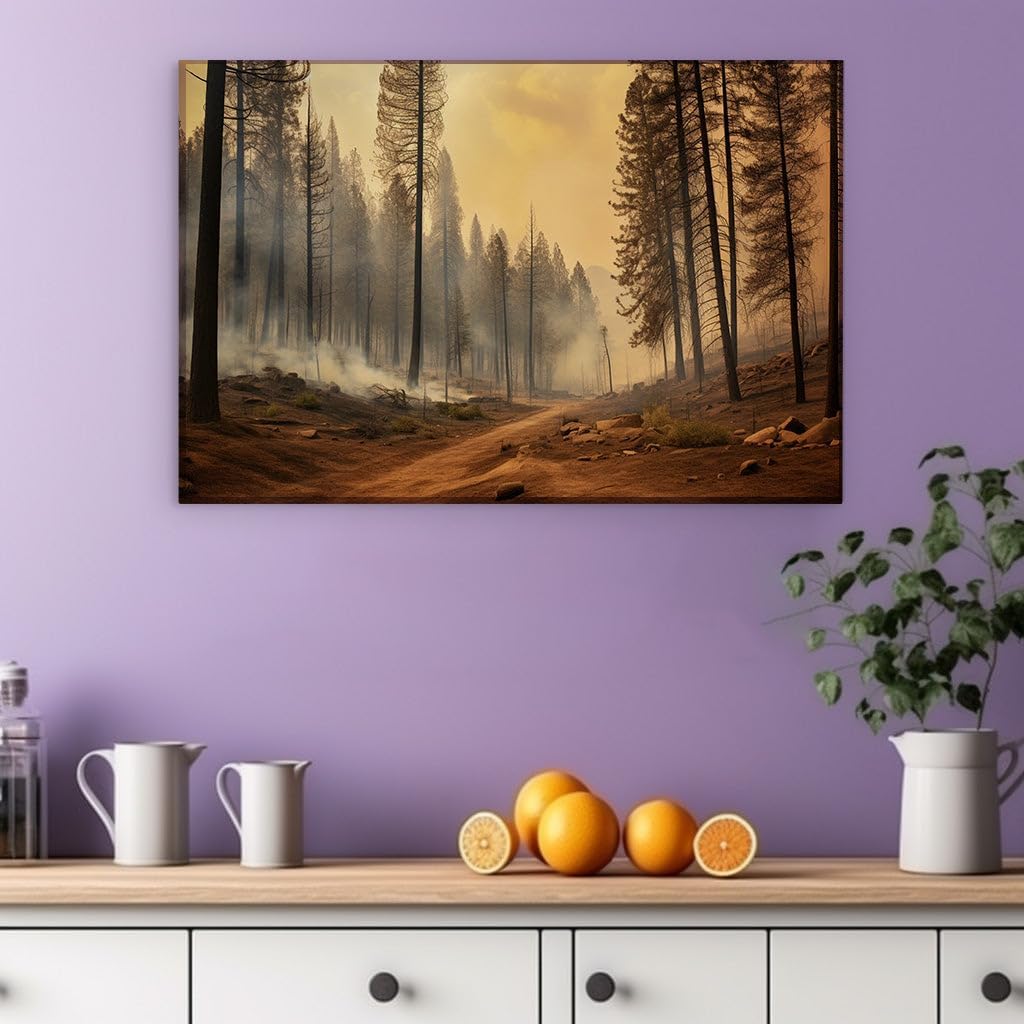 Canvas for Living room. Wildfire's Embrace: When Forest Flames Rise and Trees Whisper in Smoke, 27 x 18 inch Canvas Wall Art - Surrealistic Visions - Modern Home Decor