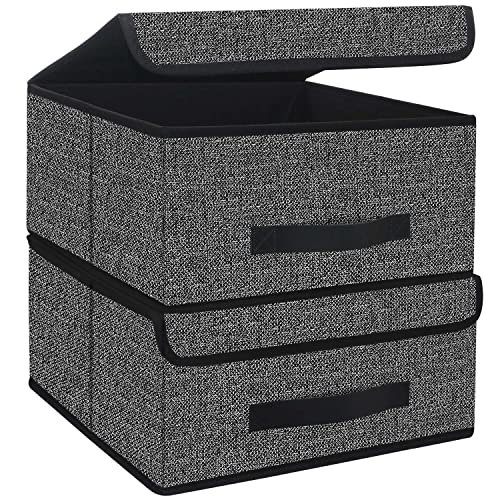 Onlyeasy Foldable Storage Bins Cubes Boxes with Lid - Storage Box Cube Cubby Basket Closet Organizer Pack of Two with Leather Handles for Closet Bedroom, 13