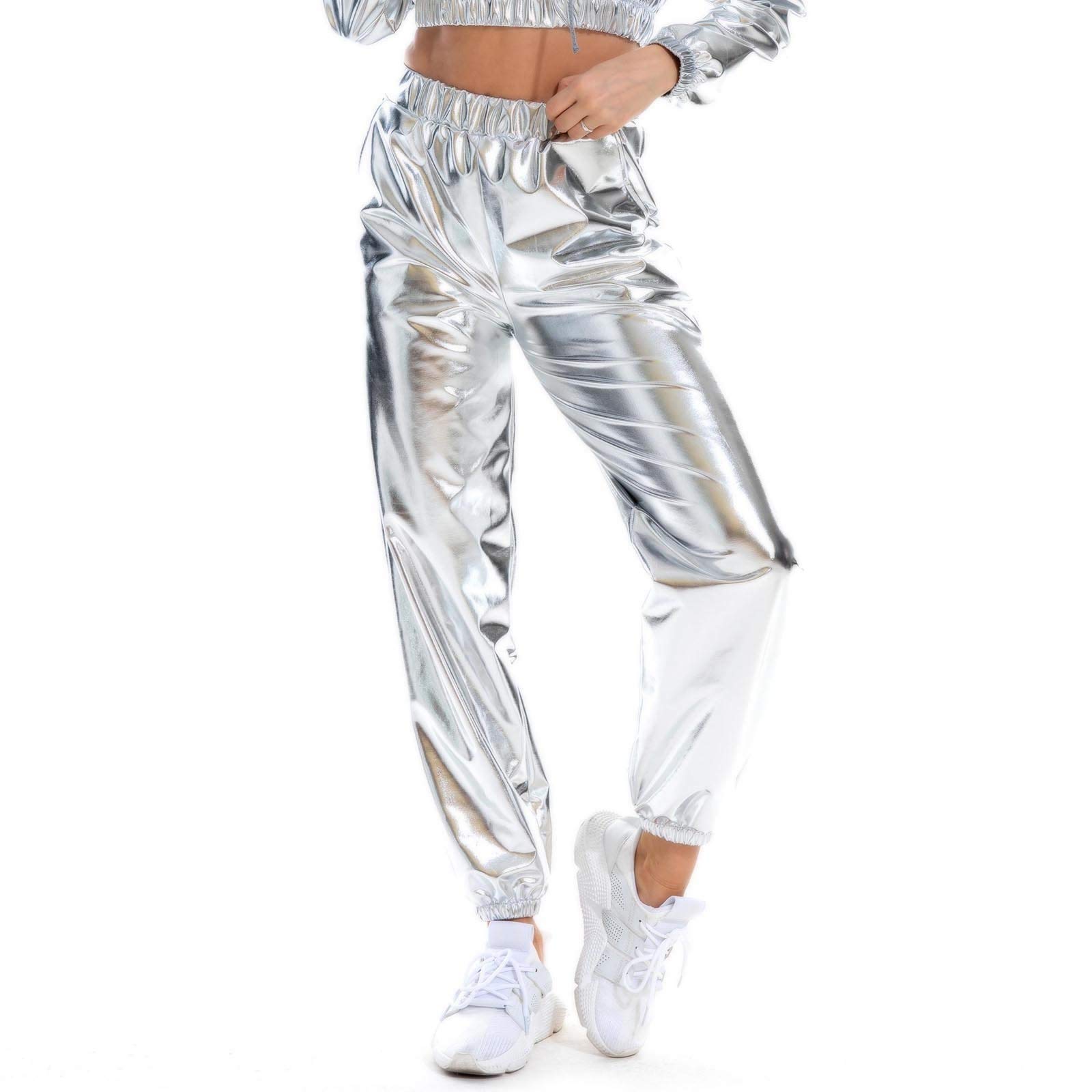 Womens Shiny Metallic High Waist Jogger Pants Hip Hop Clubwear Holographic Trousers Sweatpant 70s 80s Disco Outfits