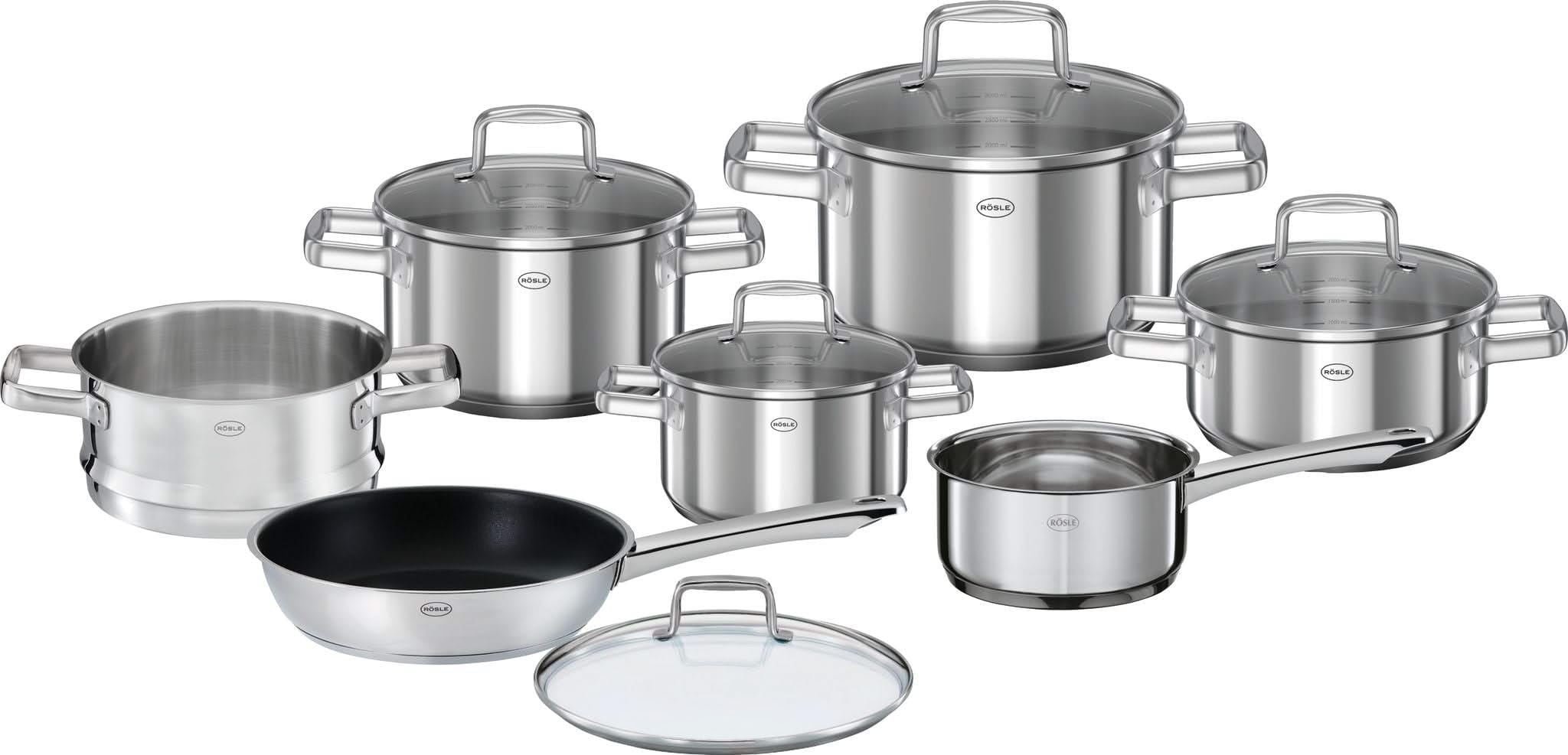 RÖSLE Batterie de cuisine 8 pièces, sauteuse, inox 18/10, couvercles verre
