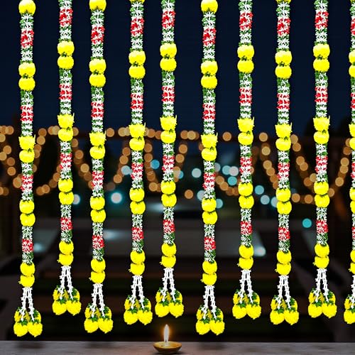 Image of iHandikart Pack of 4 Artificial Marigold Flower Garland with Multicolor Jasmine Leaves (57 Inch) - Decorative Floral Strings for Pooja, Temple, Diwali, Wedding, Haldi, Mehandi & Festive Home Decor