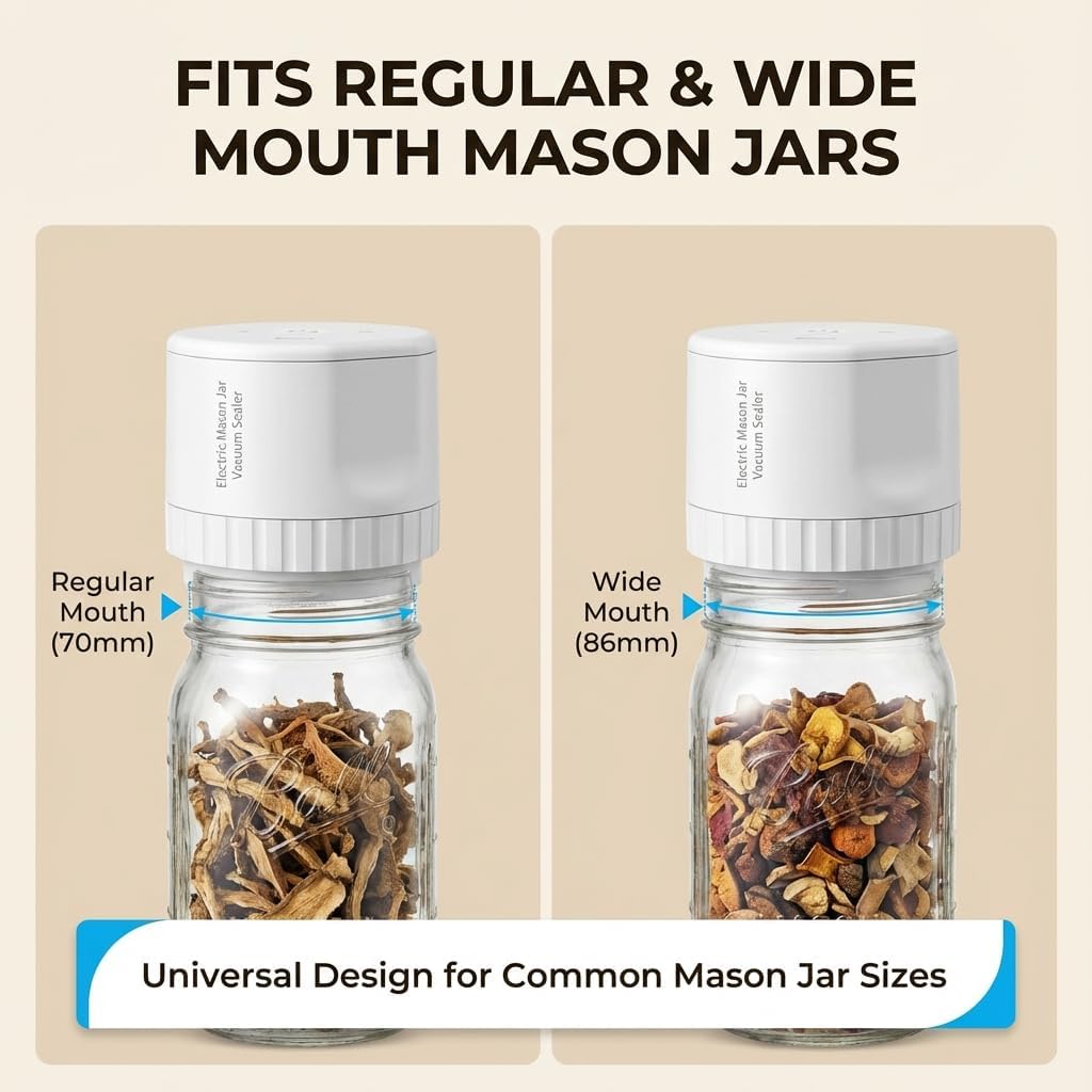 Electric Mason Jar Vacuum Sealer, One-Click Auto-Stop with Pressure-Sensing, Rechargeable Vacuum Sealing Machine for Wide & Regular Mouth Jars, Portable Mason Jar Sealer Vacuum Kit (White)