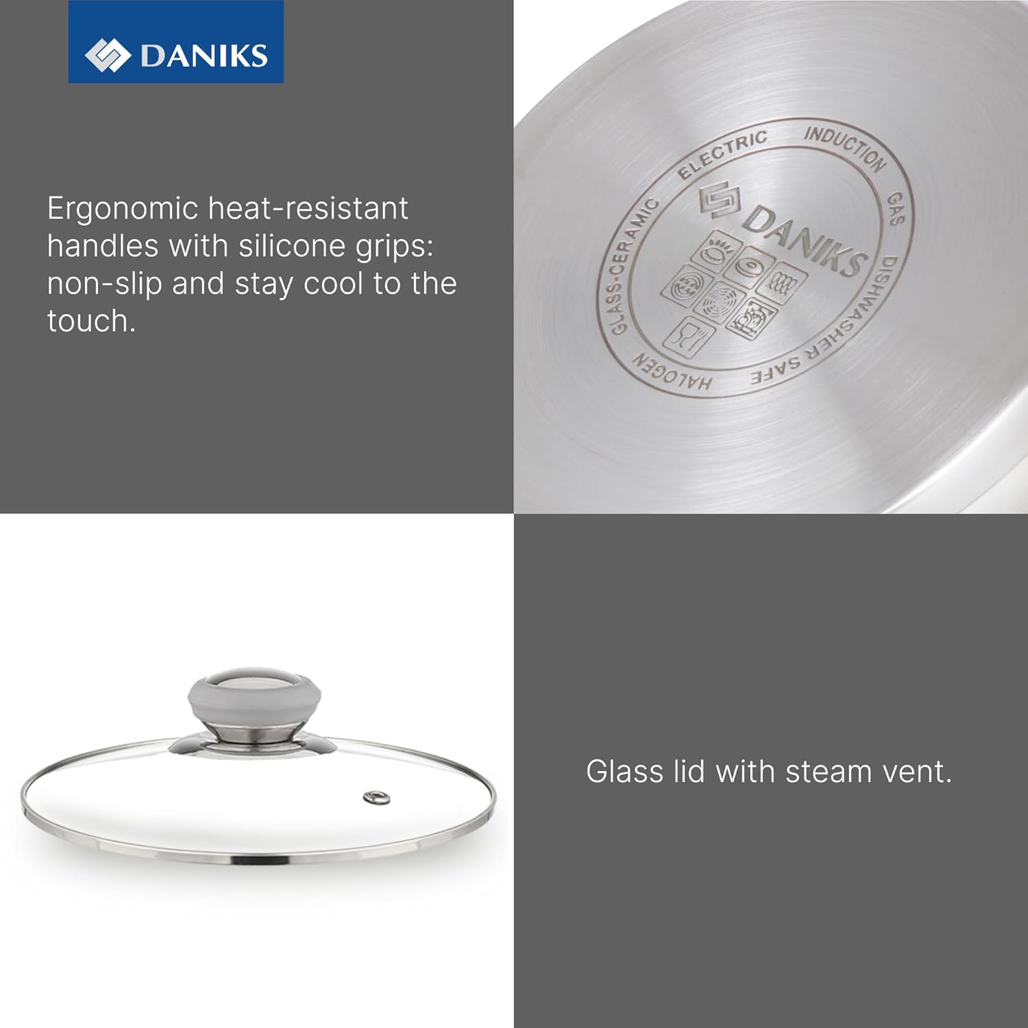 Daniks Modern 4 Quart Stainless Steel Stock Pot with Glass Lid, Tri-Ply Bottom for Even Heating, Induction Compatible, Dishwasher Safe, Heatproof Handles - Image 4