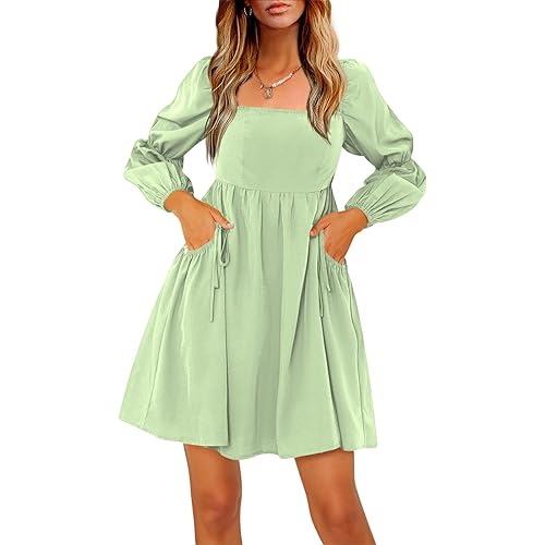EXLURA Womens Summer Casual Wedding Guest Dress Square Bow Neck Long Puff Sleeve Dress Empire Waist Babydoll Mini Dress