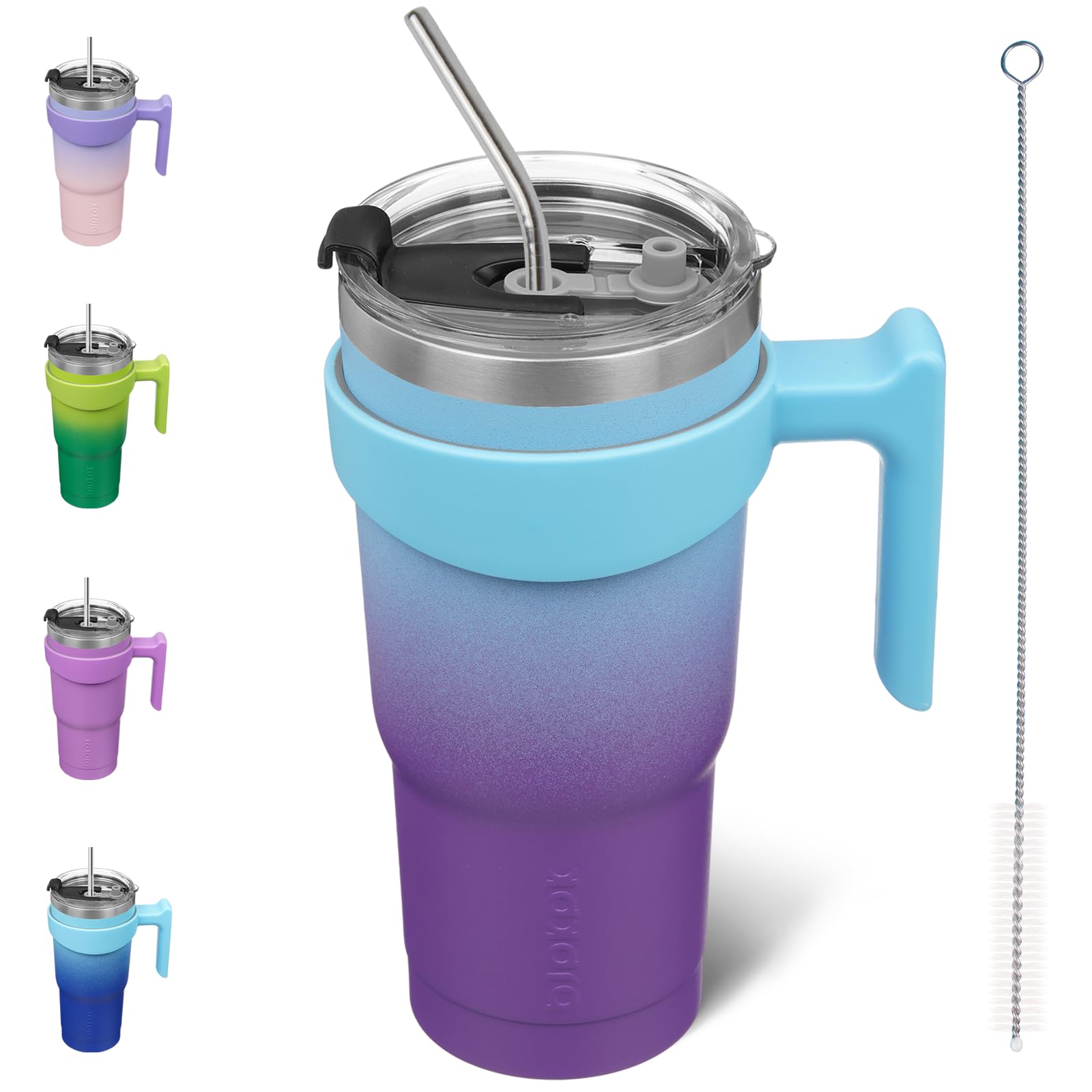 BJPKPK 300ml Travel Mug with Handle and Straw, Double Wall Vacuum Insulated Stainless Steel Travel Mug for Water or Coffee, Light Pink