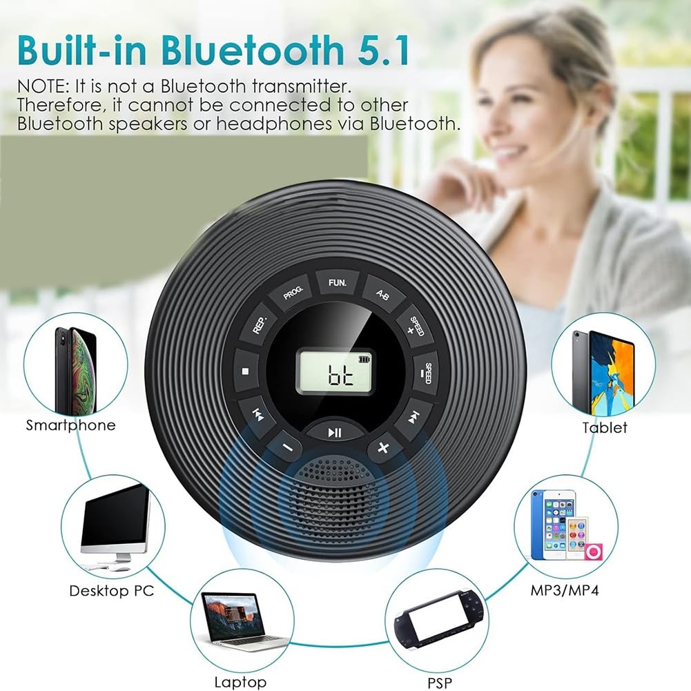 Trasmettitore FM 1500MAH Bluetooth CD Player con Cuffie AUX USB Anti-Skip Discman Portatile per Auto