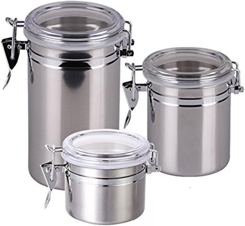 Fuluzor - Set of 3 Stainless Steel Storage Jars with Airtight Lids - Deluxe Canisters