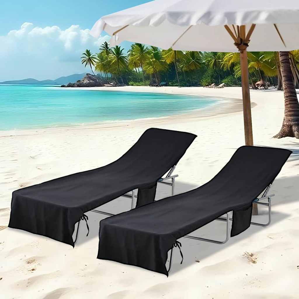 Toallitas para tumbona, 2 unidades, color negro, 210 x 75 cm, con bolsillos laterales, secado rápido, absorbentes, versátiles para exteriores, playa, camping y bienestar