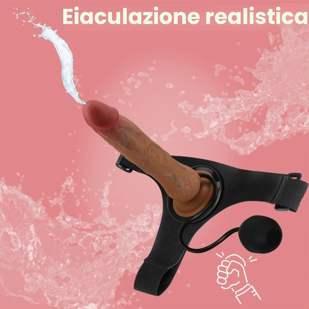 Cinghia FOPS Strap-On con funzione spruzzo, dildo realistico 20 cm con espulsione, imbracatura regolabile (58–86 cm) per coppie e lesbiche D69