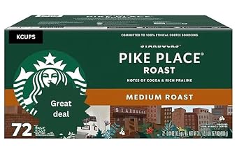 Starbuks Pike Place Roast Medium Roast KCup Pods, 72 Count - Single-Serve Coffee Pods for kcups-Brewers - Smooth, Balanced Flavor - Perfect for Morning Coffee