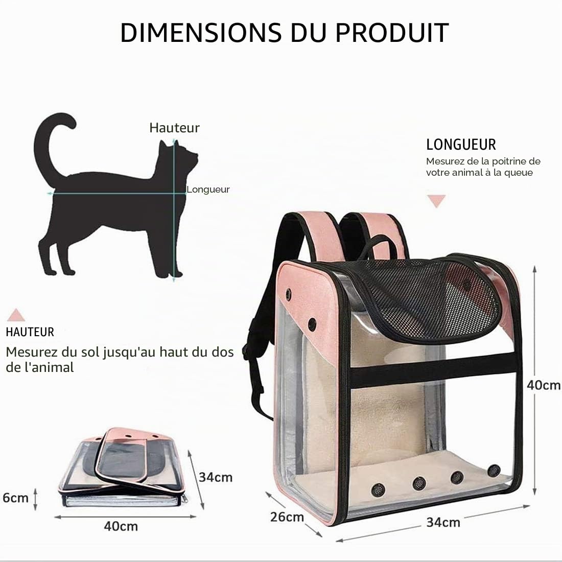 Sac de Transport Chat Petit Chien 10kg, Sac à Dos Extensible Transparent pour Animaux, Pliable Spacieux Respirant avec Matelas en Peluche, Grand Transporteur pour Voyage on Train Voiture Avion (Rose)