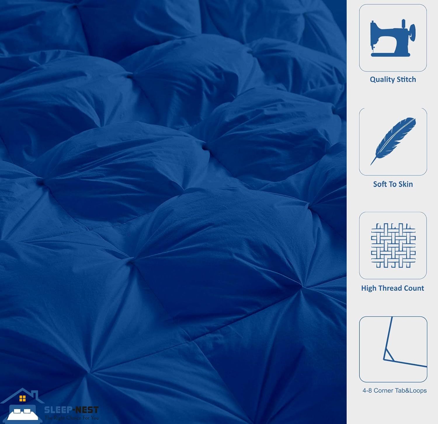 SLEEP-NEST All Season Luxury - Grand King Comforter 106 x 106 Breathable Bedding 1 Piece Down Alternative Pinch Pleat Comforter with 8 Corner Tabs - Ultra Soft, Lightweight Quilt - Royal Blue