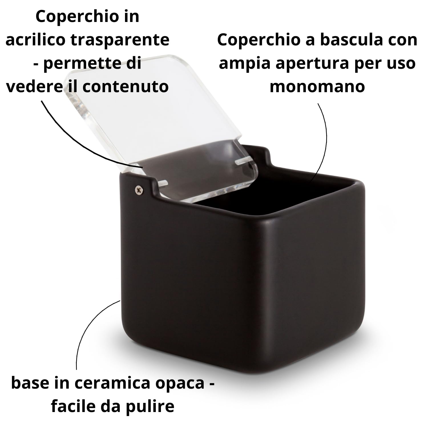 Porta sale grosso e fino, Barattoli sale per cucina o tavolo in ceramica con coperchio girevole in acrilico, Barattolo sale grosso e fino, Dimensioni 11,2 x 11,2 x 11,2 cm. Nero