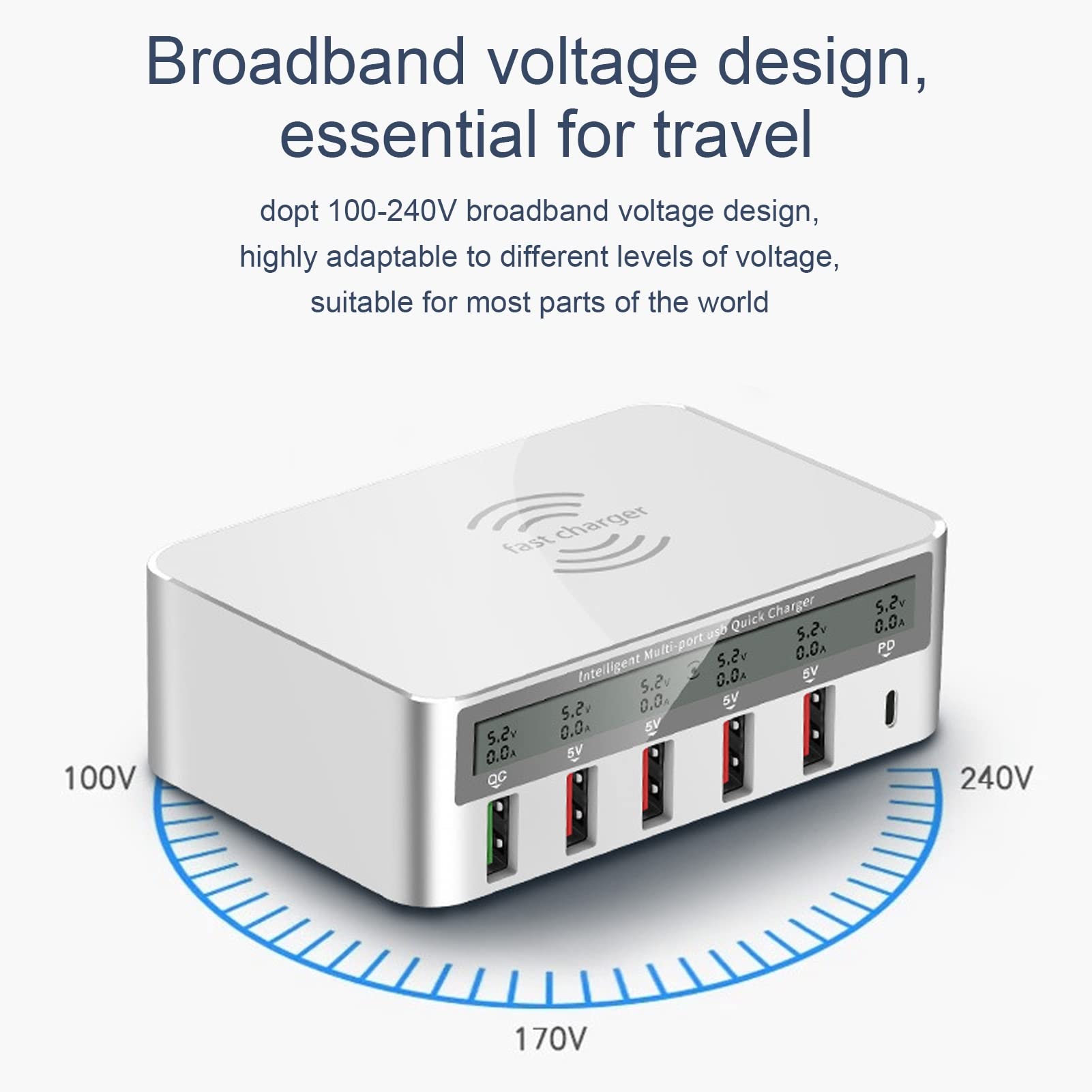 Septpenta Station de Charge Rapide 6 Ports 10 W, avec Écran LCD, Plusieurs Protections de Sécurité, Charge Plusieurs Appareils Simultanément, Chargeur Rapide sans Fil USB Portable(UE)