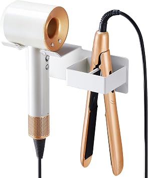 Hair Dryer Holder Wall Mounted, Hair Straightener Holder Metal, Adhesive Blow Dryer and Hair Straightener Holder, Bathroom Bedroom Hair Tool Organizer for Flat Iron,Curling Iron,Hairdryer White