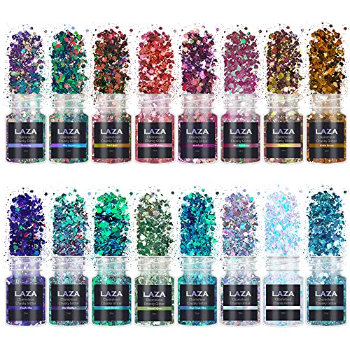 Laza 16 Colors Chameleon Chunky Glitter Mixed Opal Holographic Ultra Fine Glitter Powder Craft Glitters Hexagon Sequins For Resin Nail Art Epoxy Tumbler Festival Arts #TOP1