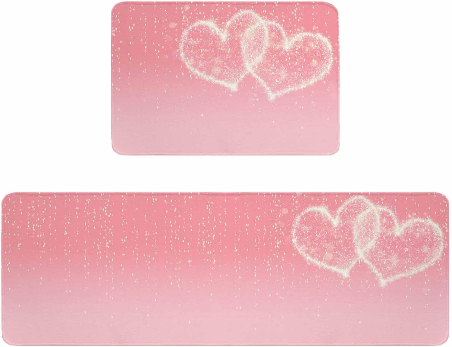 Happy Valentine's Day Kitchen Rugs and Mats Set of 2, Non-Slip Kitchen Sink Mat, Red Shining Love Heart Romantic Washable Doormat Bathroom Rugs Runner for Bedroom/Living Room 19.7"x23.6"+19.7"x47.2"
