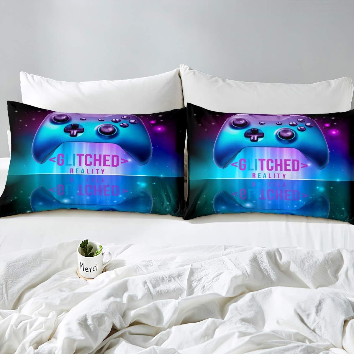 Loussiesd Boys Gamepad Duvet Cover Gamer Bedding Set For Kids Girls Teens Purple Blue Video Game Gamepad Comforter Cover Galaxy Game Controller Quilt Cover Action Buttons Child Bedroom Decor Single - Image 3