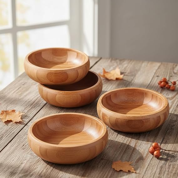 Deconox 4-Piece Round Bamboo Snack Bowl - Natural Bamboo Presentation Bowl, Olive Grove and Breakfast Presentation | Multi-Purpose Durable and Stylish Design