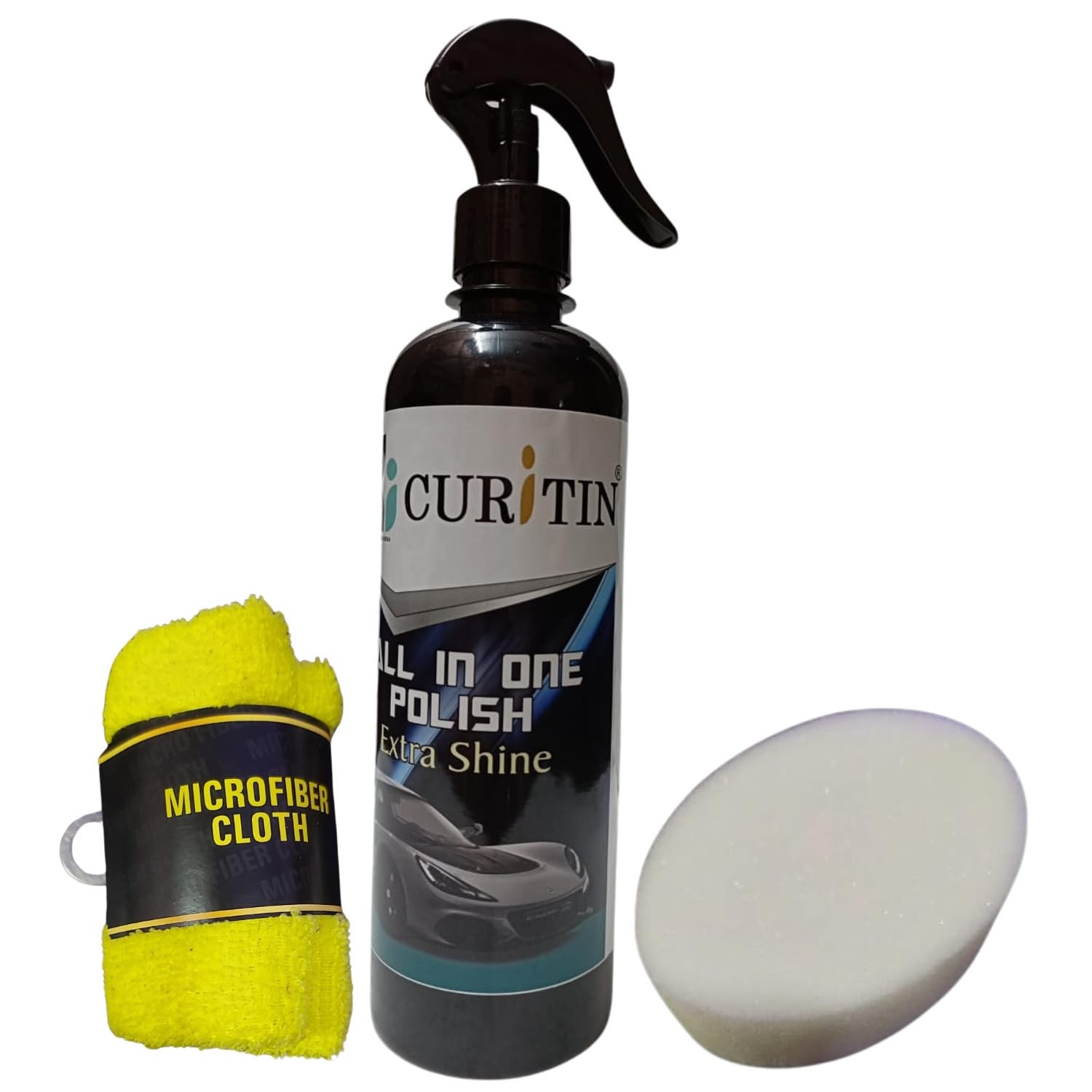 CURITIN Premium All in One Polish 500ml With 1 Microfiber Cloth, 1 Sponge Extra Shine for Cars & Motorbikes | Instant Care Formula for Ultimate Vehicle Detailing