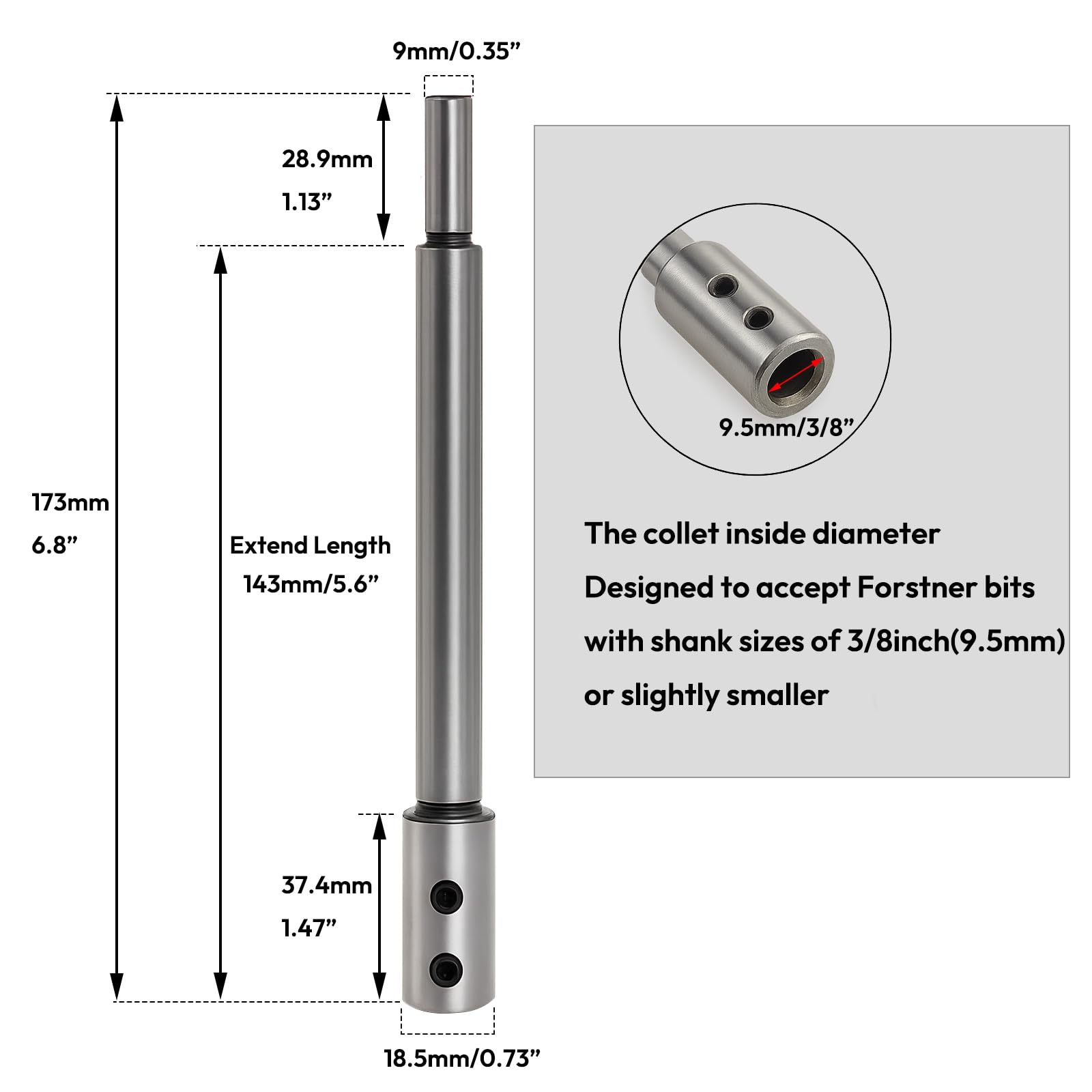 Saipor 6.8 inch Long Forstner Bit Extension, Adding Over 5.6 inch of Drilling Depth to Your Forstner Bit, 3/8-inch Shank Dia - Image 4