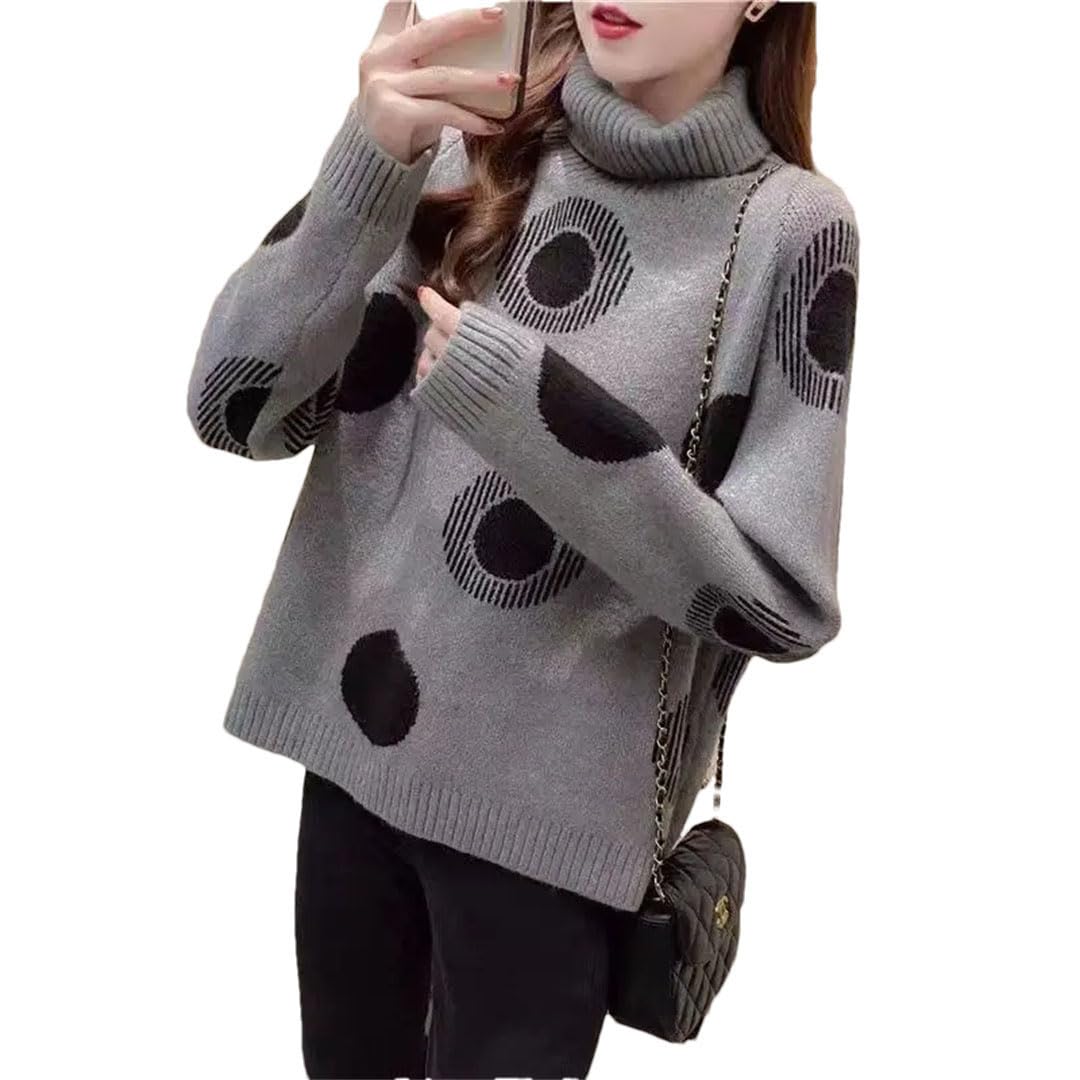 GenericWomen Winter High Collar Loose Printing Pullover Sweater All-Match Knitting Top Add Plush Jumpers