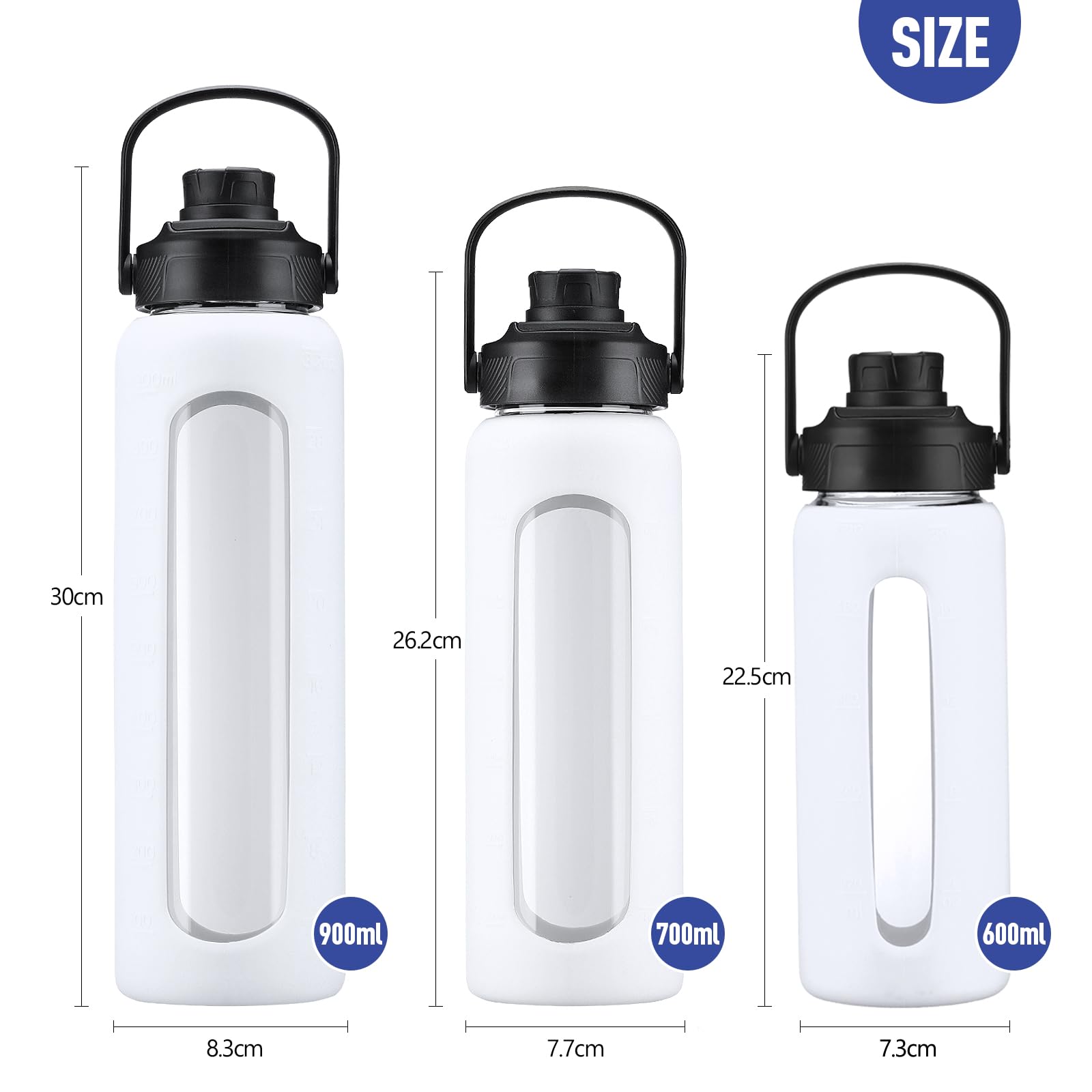 BLUEGO Glass Water Bottle 900ml With Straw & 2 Lids, Glass