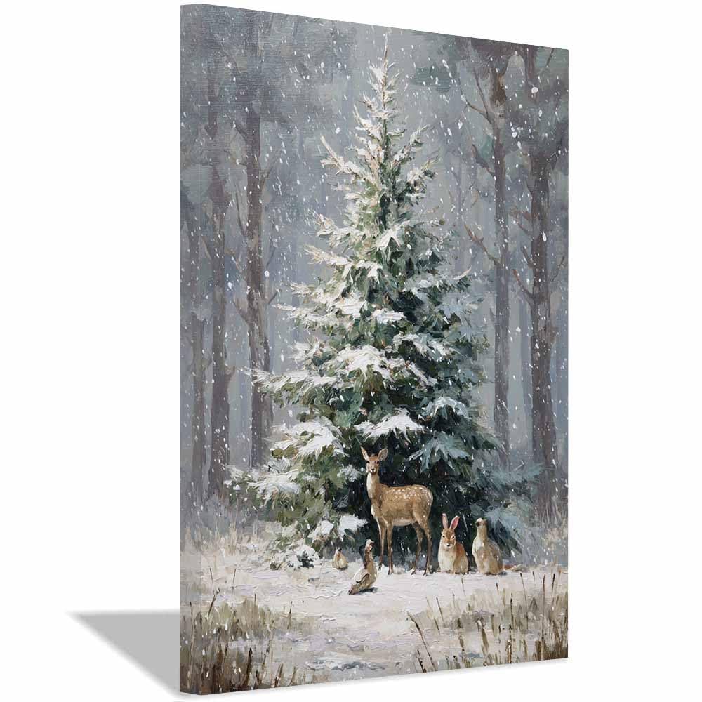 HUYEEI Láminas decorativas navideñas para pared Bosques, Ciervos de Nieve pósteres, paisajes invernales, imágenes estéticas para salón o dormitorio.（verde52-60x80cm Enmarcado