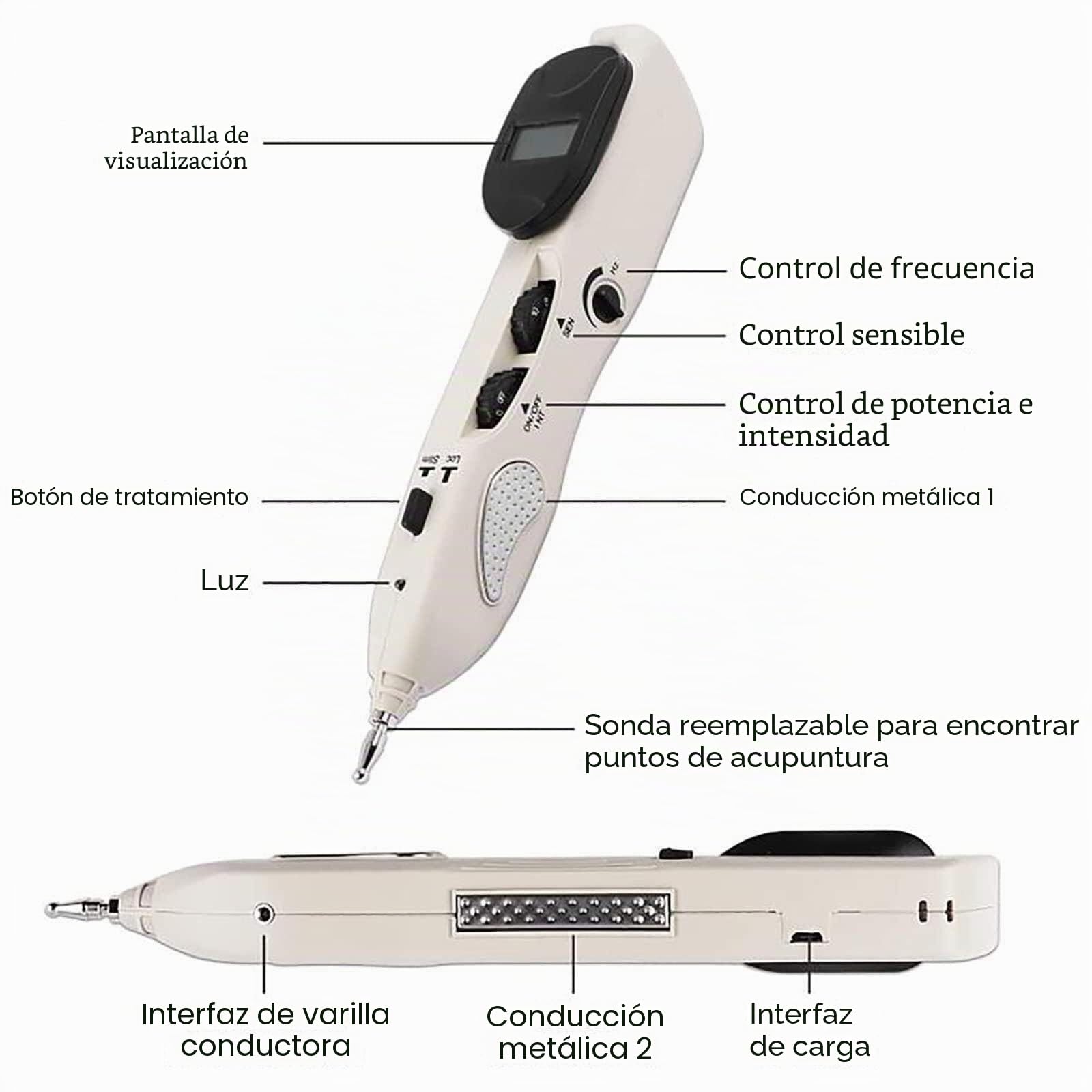 Detección automática de Puntos de acupuntura, 10 intensidades + 10 sensibilidades, frecuencia de Pulso: 1-23 Hz (Ajustable), con 3 sondas de Masaje, Recargable.