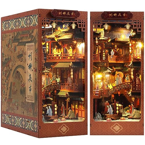 Tzgsonp DIY Book Nook Kit, Magic Book House Model Building Kit, DIY Dollhouse Booknook Bookshelf Insert Decor Alley, Creative Educational Bookshelf Building Kits for Gift (Zhouqiao Night Market)