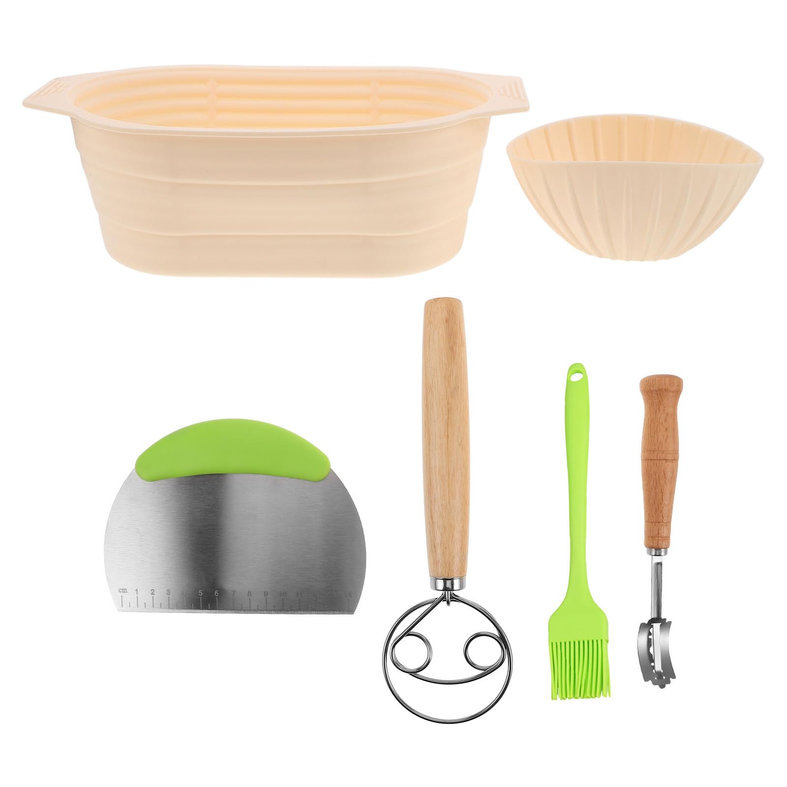 SECFOU Juego de Cestas para Fermentación de Pan Banneton Ovalado de Silicona Beige, Tazón para Masa Pequeña, Kit de 6 Piezas Cortador de Acero Inoxidable, Espátula, Batidor y Pincel