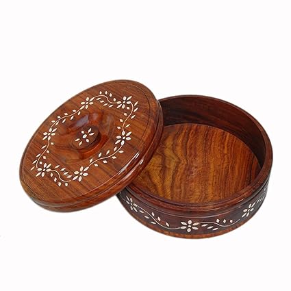 ZM HANDICRAFTS Wooden Wahite Inlay Work Design Casserole | Chapati Box | Chapati Box for Kitchen | Hotpot Roti Box | Casserole for Kitchen | Serving Casserole Set | Hotpot for Chapati