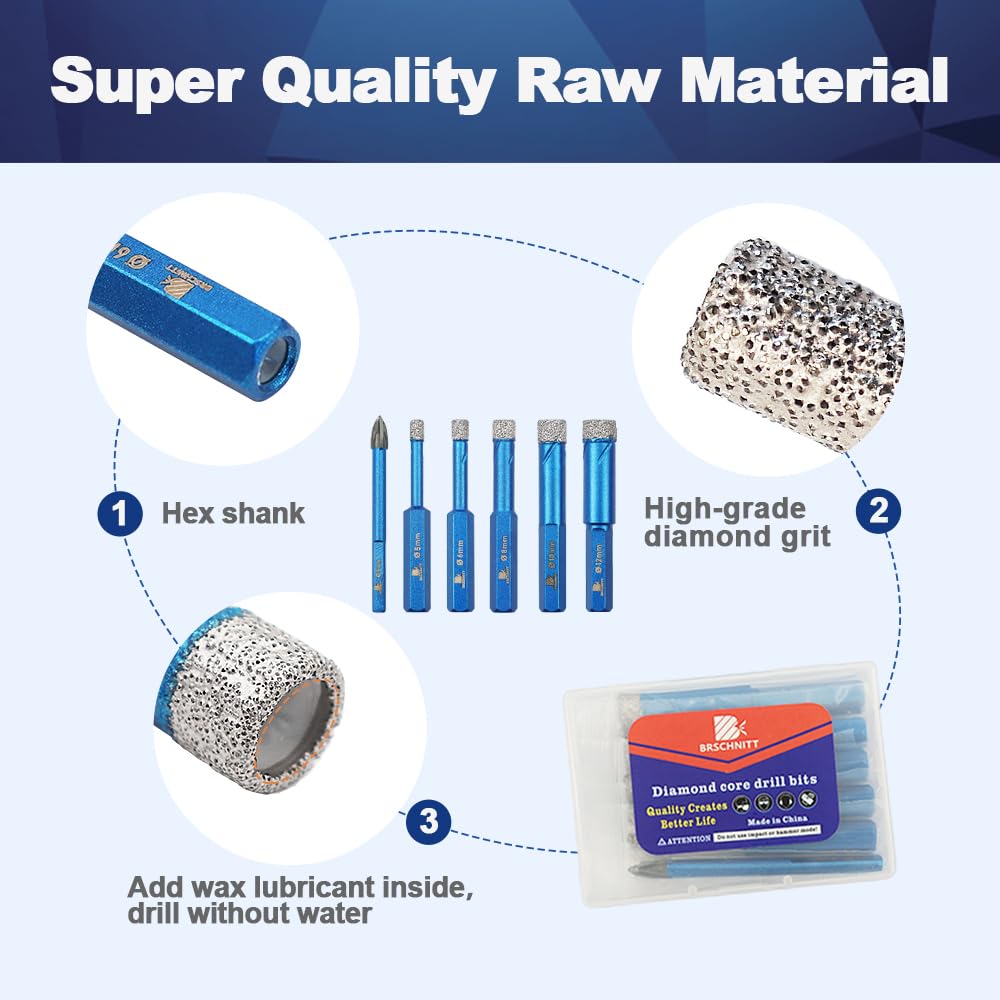 Diamond Drill Bit 1/5 1/4 5/16 3/8 1/2 inch - BRSCHNITT 1/4 inch Masonry Drill Bits Set for Porcelain Tile Ceramic Stone Granite Marble,Hex Shank Diamond Hole Saw Drill Bit(6pcs/Pack)