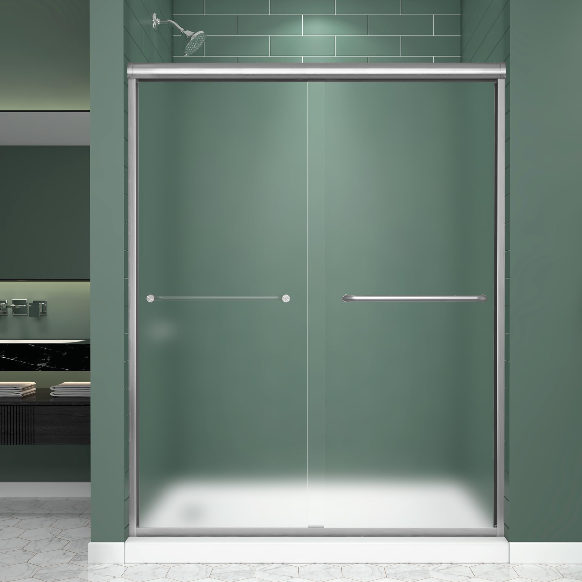 Frosted Double Sliding Shower Door 49-49-54" W x 70" H, Brushed Nickel, Bypass Shower Door, Framed, 1/4" (6mm) Tempered Glass