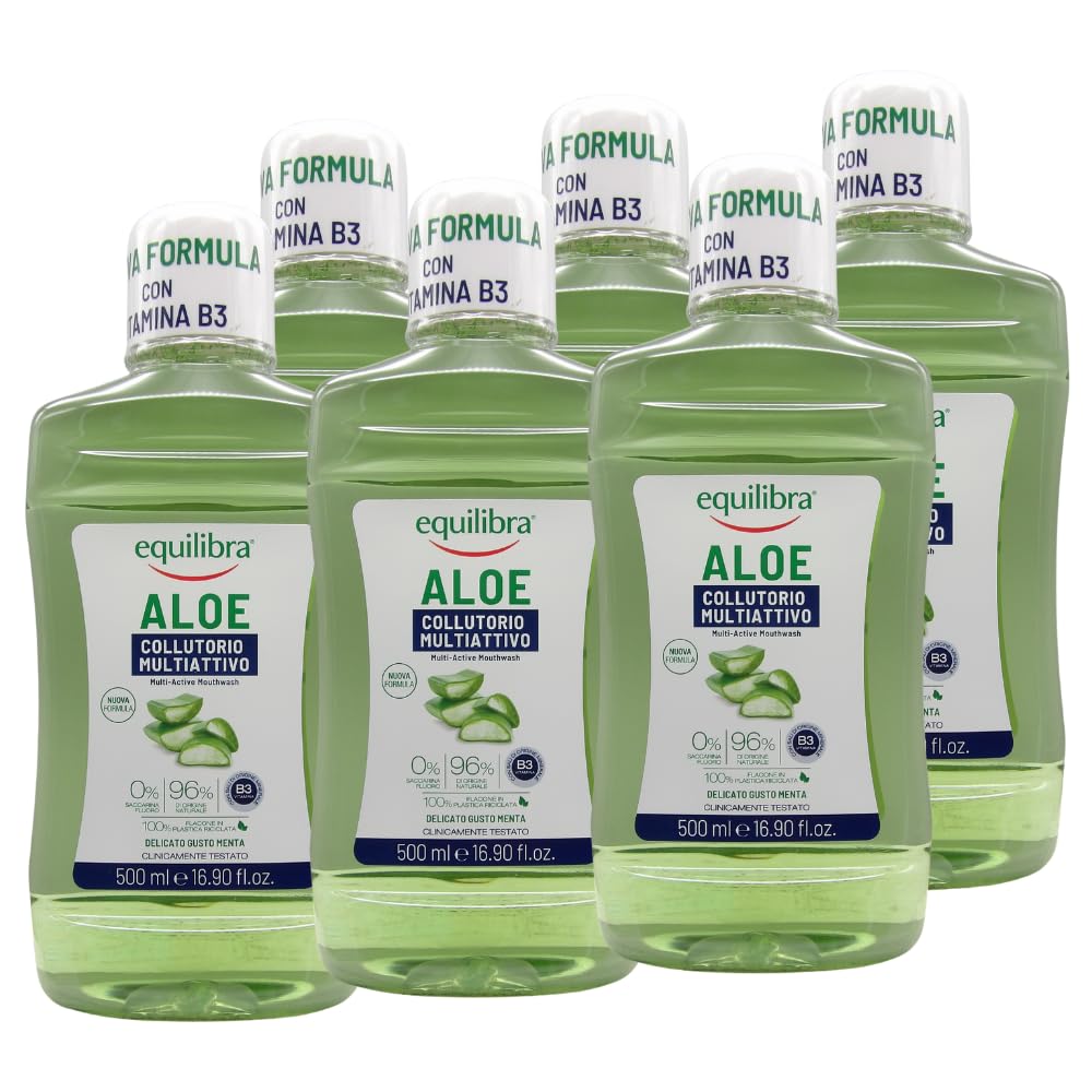 Colluttorio ALOE, Con Equivalente 30% Aloe Vera Succo, Con Xilitolo. Tripla Azione, Dal Delicato Gusto Di Menta 500ml (6 Unità)