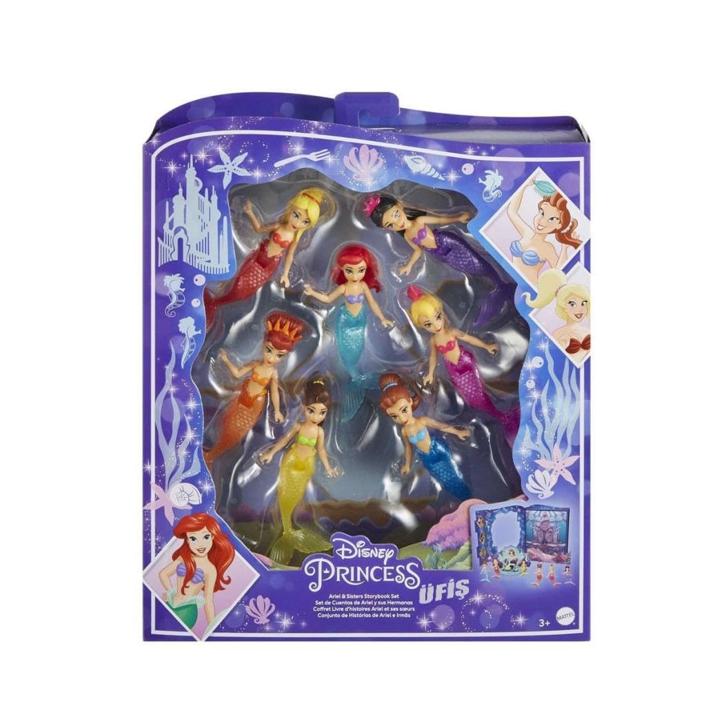 Mattel Księżniczka Disneya Arielka z siostrami Zestaw książka z 7 małymi lalkami syrenkami, figurkami i akcesoriami inspirowanymi filmem „Mała syrenka” Disneya HLW96