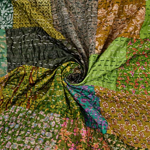 The Art Box Indian Silk Bedding King Kantha Quilt With 2 Pillow Covers Handmade Cotton Bedspread Throw, Vintage Stitch Gudri Bohemian Decorative Beach Blanket, Green #TOP5