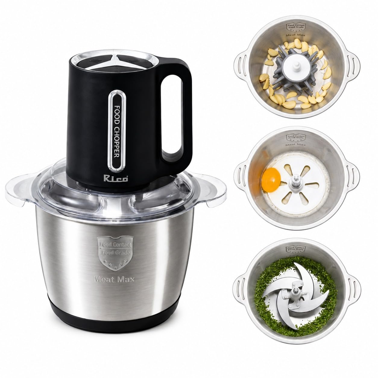 Rico Electric Chopper with Bowl | Vegetable Cutter, Onion Cutter | 300W Motor, 3 Speed Modes, 3L Capacity, 4 Stainless Steel Blades, Garlic Peeler & Whipper (Stainless Steel)-image-21