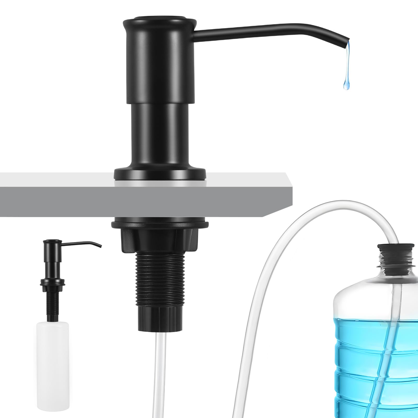 Dispensador De Jabón Cocina, Dosificador Jabon Cocina Bajo Encimera Con Botella De 500 Ml Y Tubo De Extensión De 1,2 M con Tuercas de Acero INOX 304, Dispensador Jabon fregadero negro Para Cocina Baño